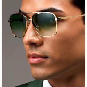 Men's Oversized Square Aviator Sunglasses Gold Frame Gradient Green Lenses Gafas